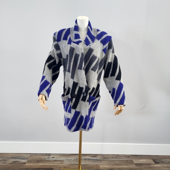 Vintage Sweaters - Vintage 1980s Mohair Blend Oversized Thick Fuzzy Blazer Style Cardigan Sweater